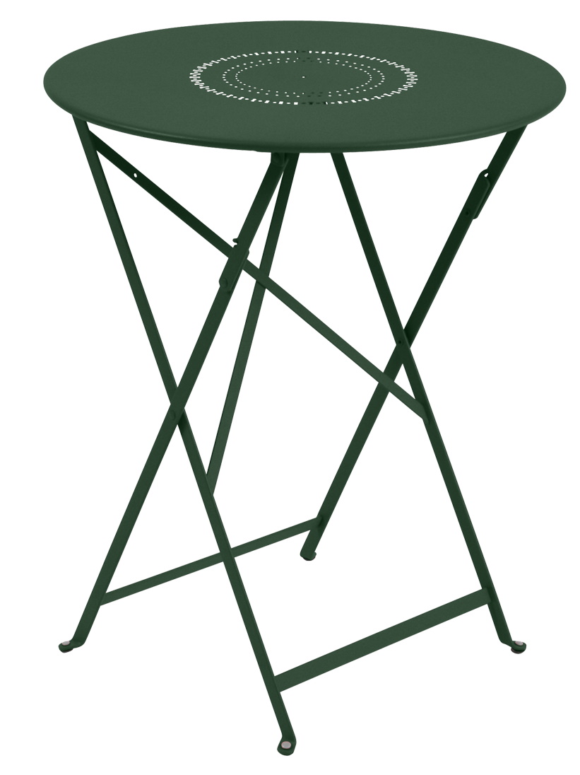 Grüner Floréal Tisch von Fermob für den Außenbereich, runder Gartentisch mit filigranem Muster.