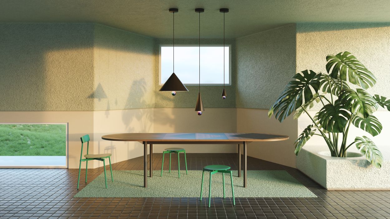 Innenraum mit Cherry Pendelleuchten von Petite Friture über einem Esstisch. Designleuchten in modernem Ambiente.