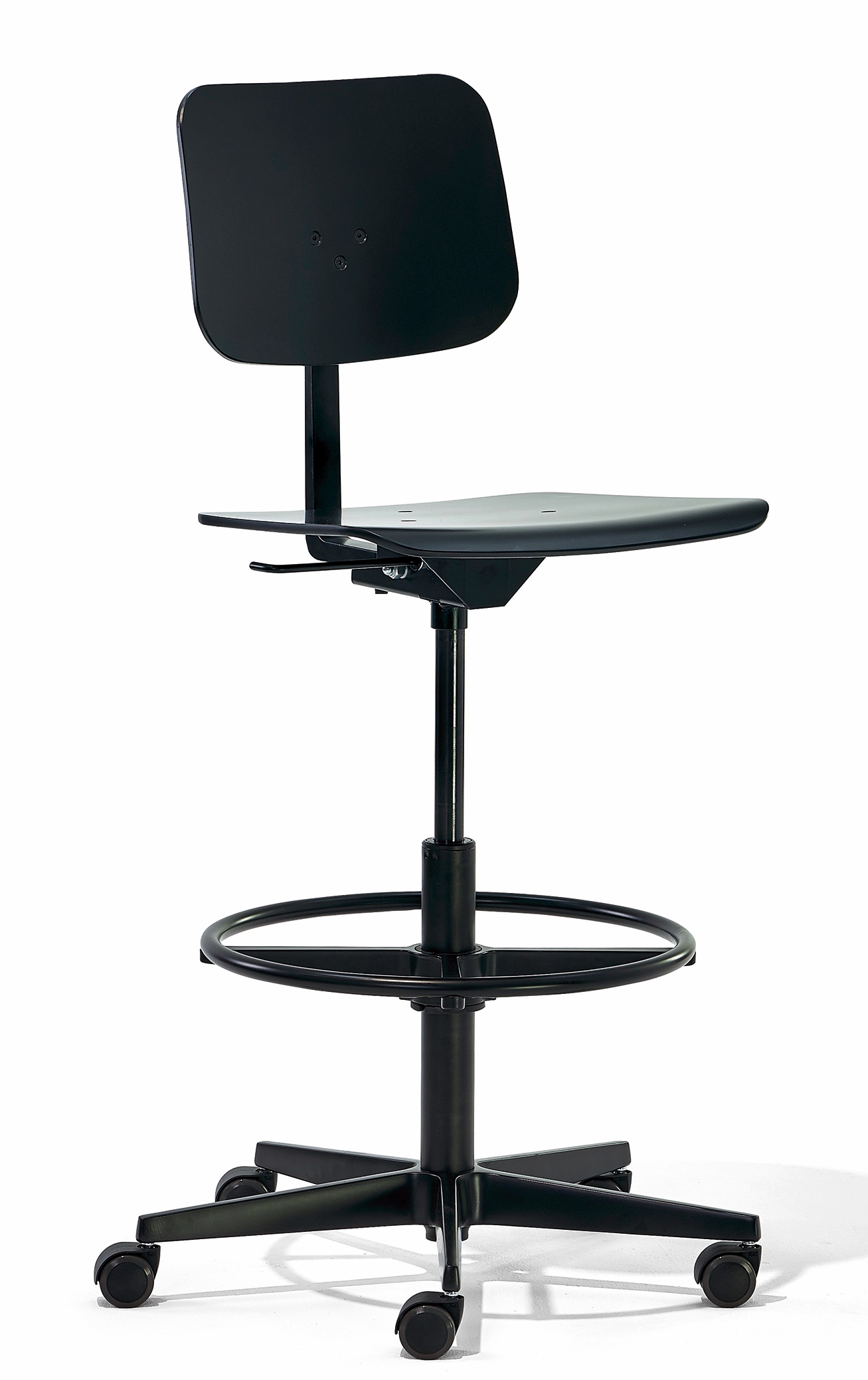 Schwarzer Mr. Square High Chair von Richard Lampert: Verstellbarer Drehstuhl mit Fußstütze und Rollen.