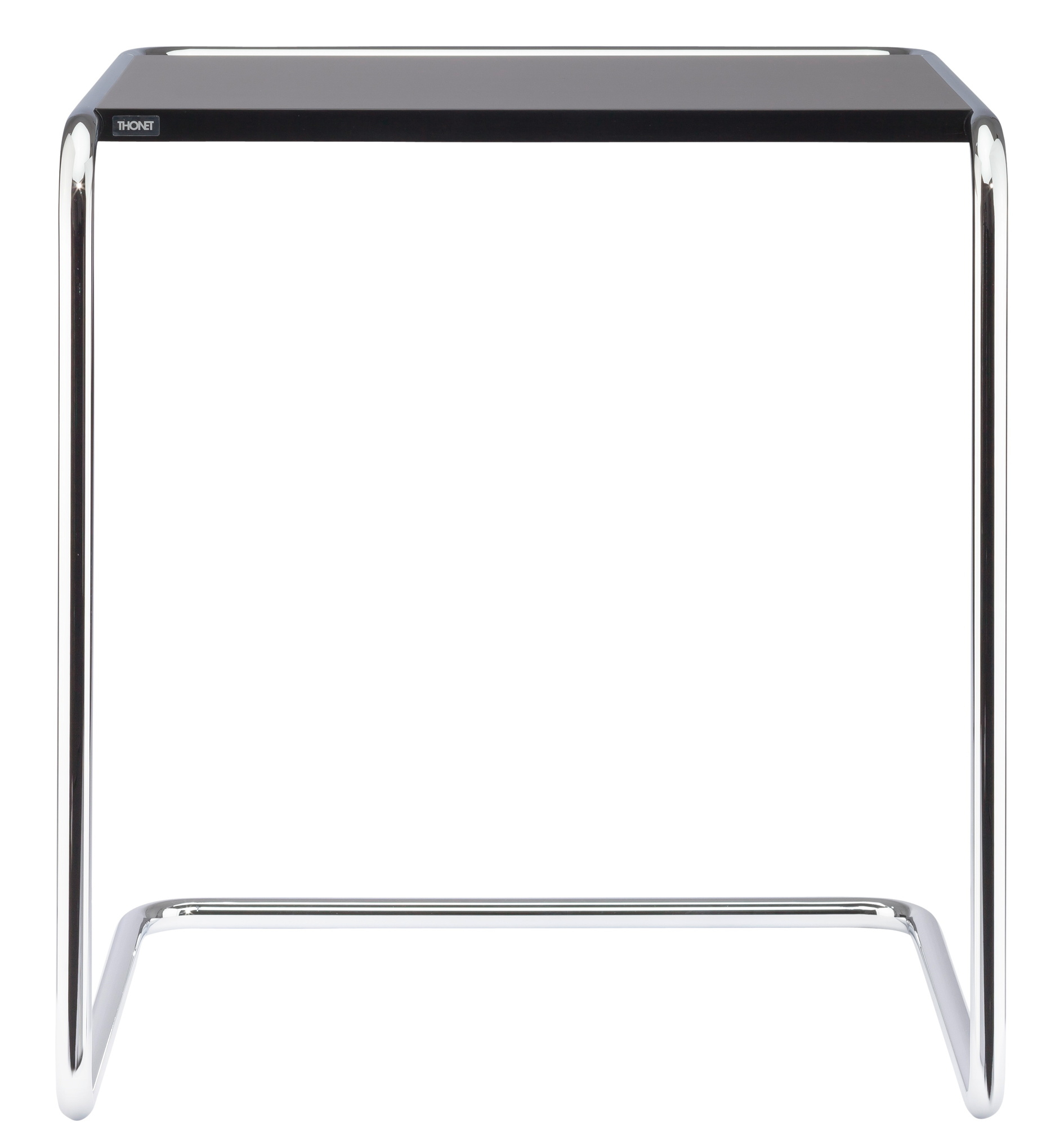 B97 Thonet Beistelltisch mit schwarzer Tischplatte und verchromtem Stahlrohr-Gestell, modernes Möbeldesign.