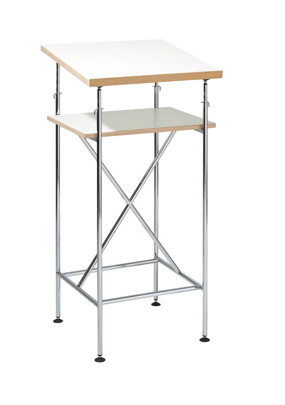 Milla Stehpult von Richard Lampert: Höhenverstellbarer Schreibtisch mit weißer Tischplatte und Chromgestell.