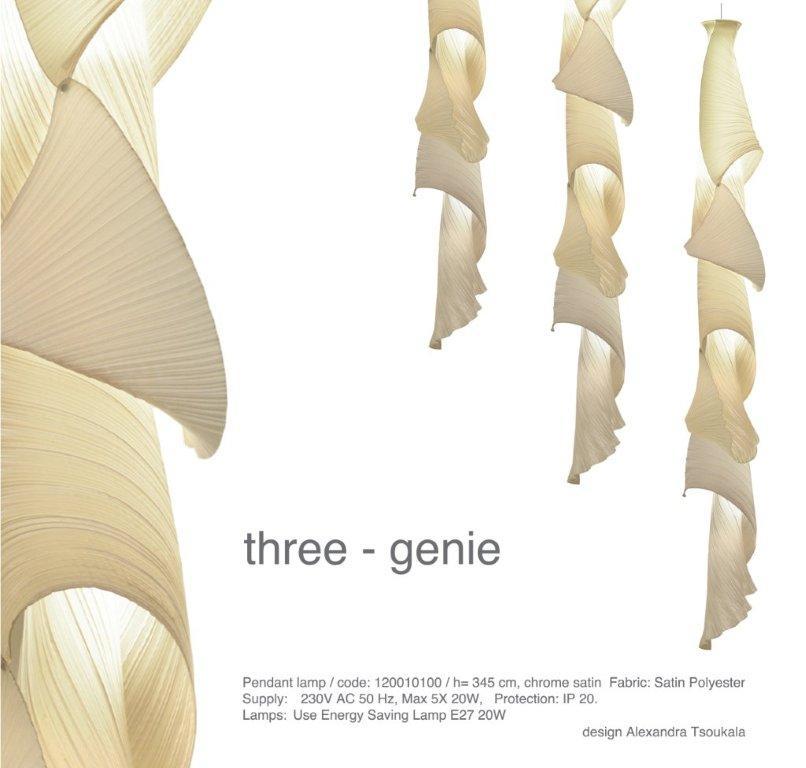 Three Genie Pendelleuchte von Alexandra Tsoukala, moderne Hängelampe aus Stoff, beige, für Wohnzimmer und Esszimmer.