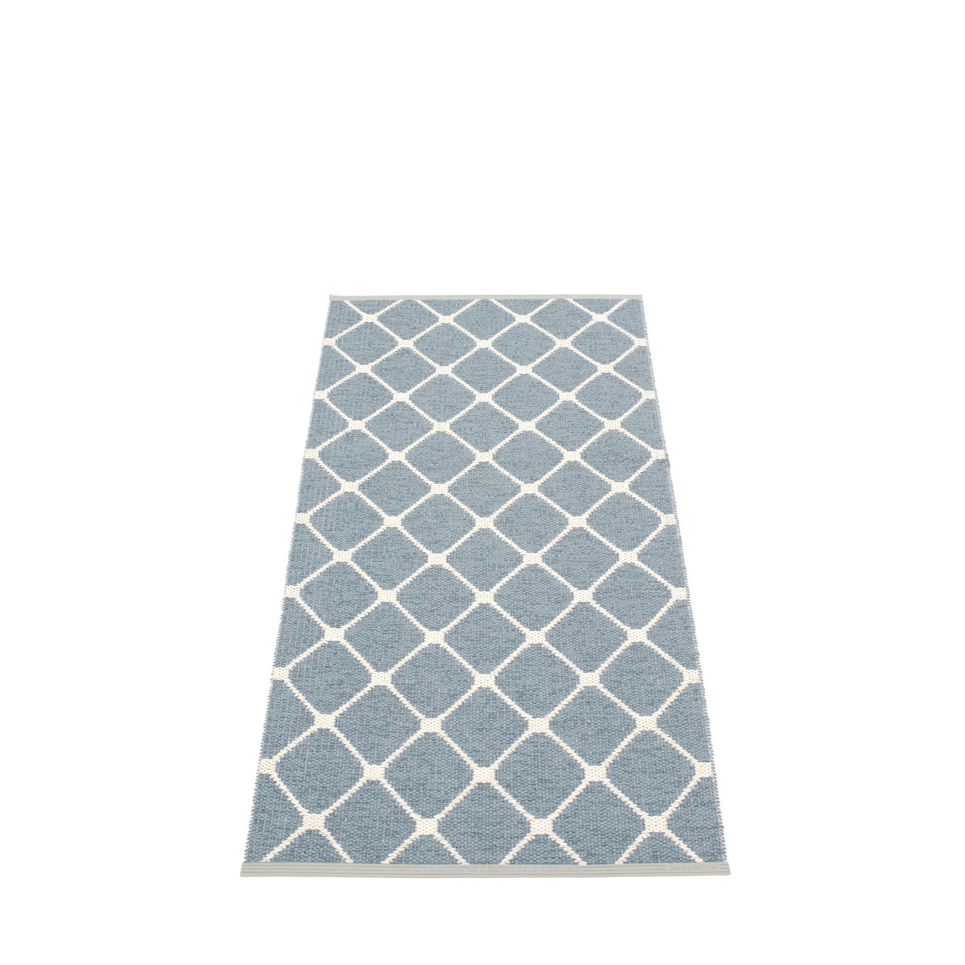 Rex Kunststoffteppich von Pappelina, 70x160 cm, blau mit weißem Rautenmuster, moderner Teppich für Innenräume.