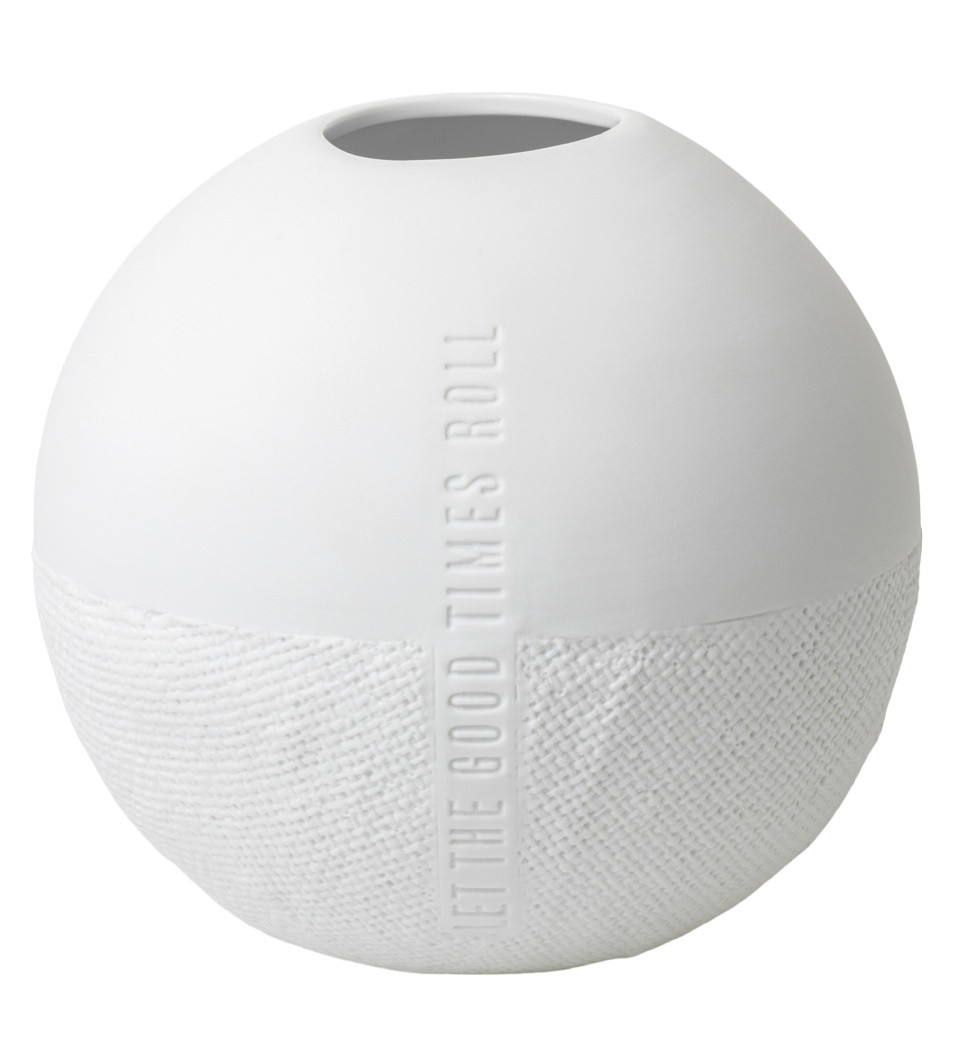 Weiße, runde Formsprache Vase von Räder mit Schriftzug und strukturierter Oberfläche. Dekorative Blumenvase.