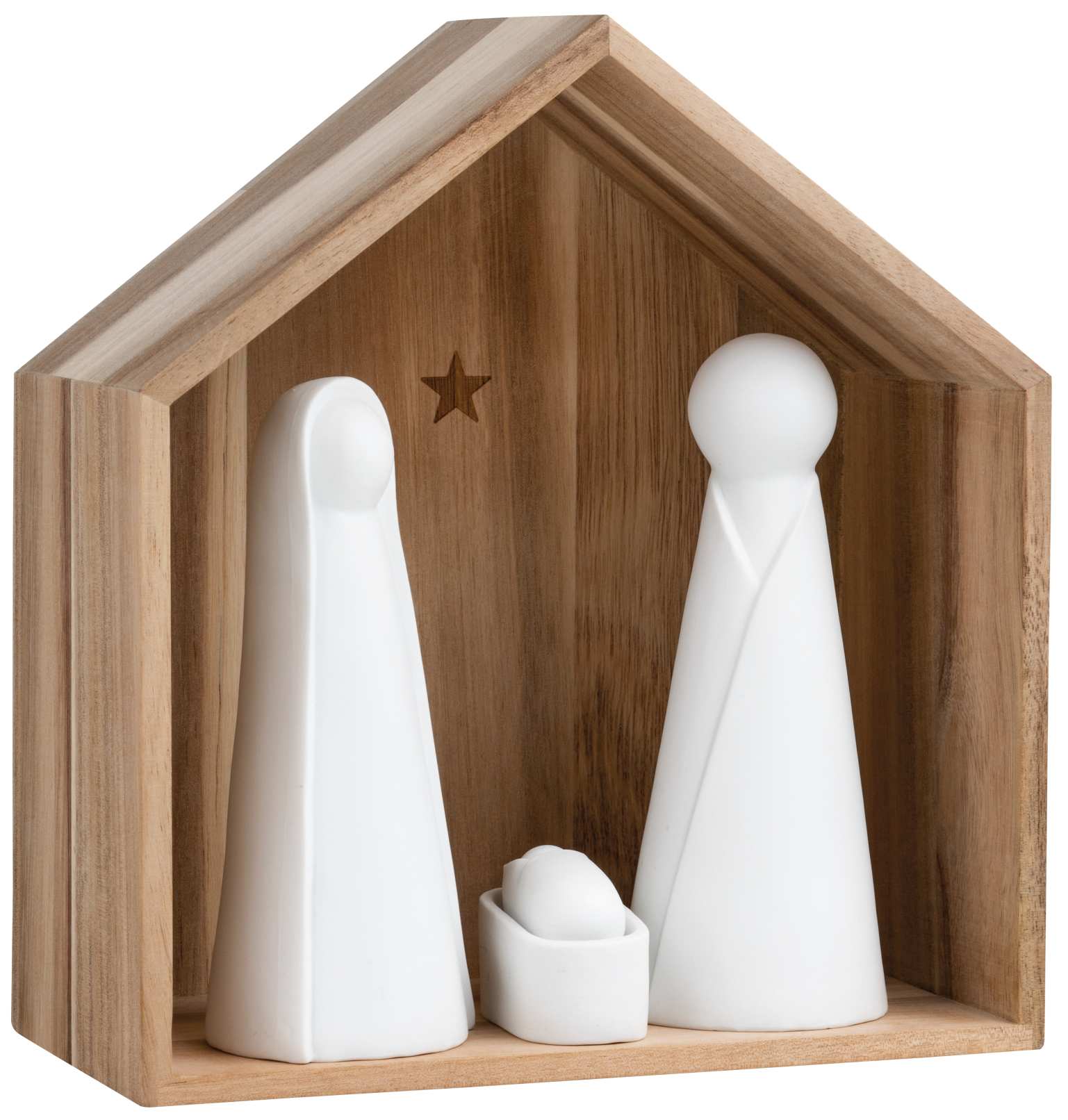 Winterzeit die große Krippe von Räder: Moderne, minimalistische Weihnachtskrippe aus Holz mit weißen Figuren.