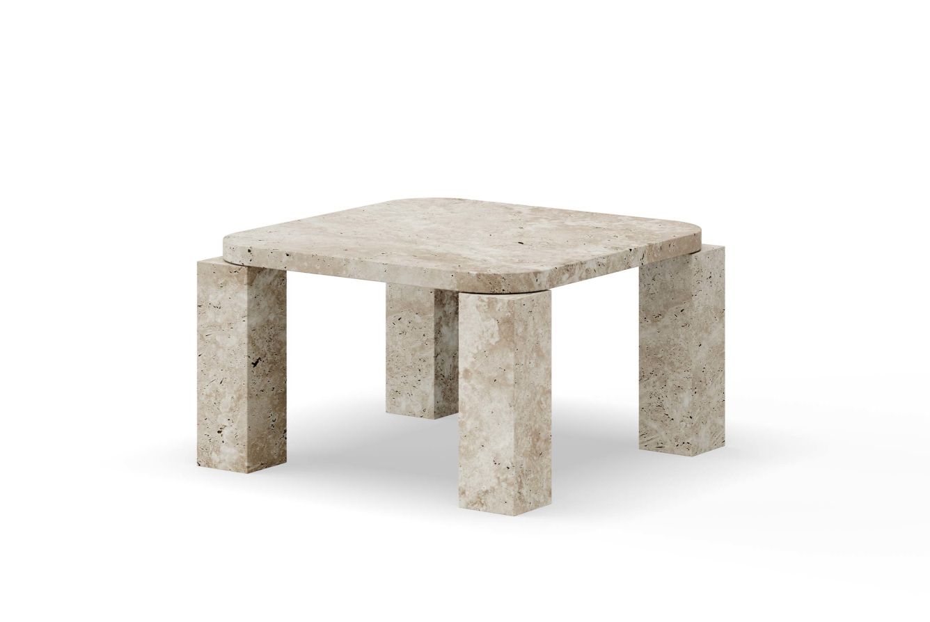 Atlas Coffee Table von New Works aus Travertin, quadratisch mit abgerundeten Ecken.