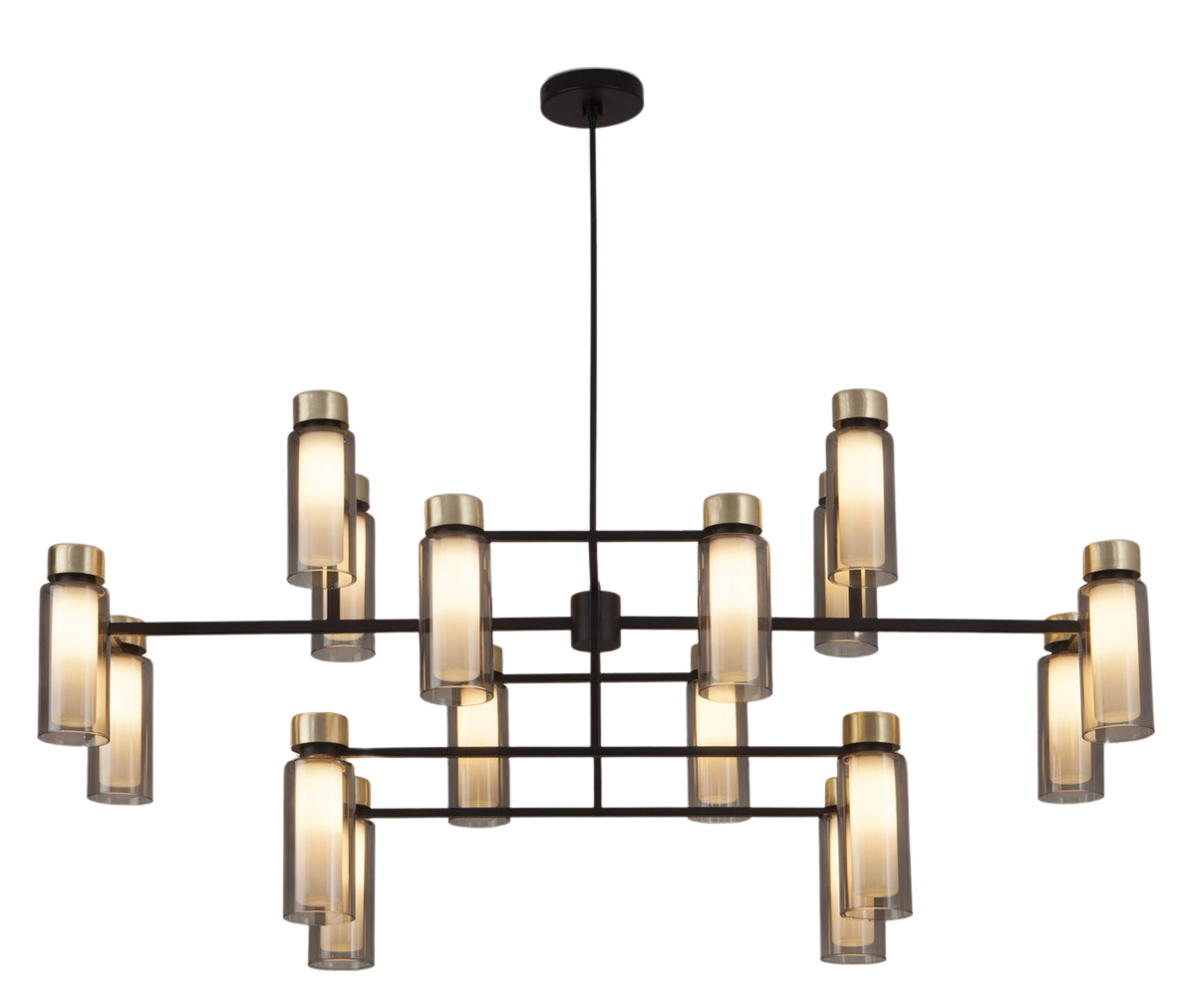 Osman Kronleuchter von Tooy: Moderne Hängeleuchte mit zylindrischen Lampenschirmen und schwarzem Metallrahmen.