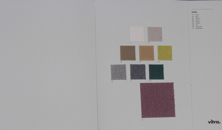 Stoffmusterkarte Mello von Vitra mit verschiedenen Stofffarben und Texturen für Möbel und Polster.