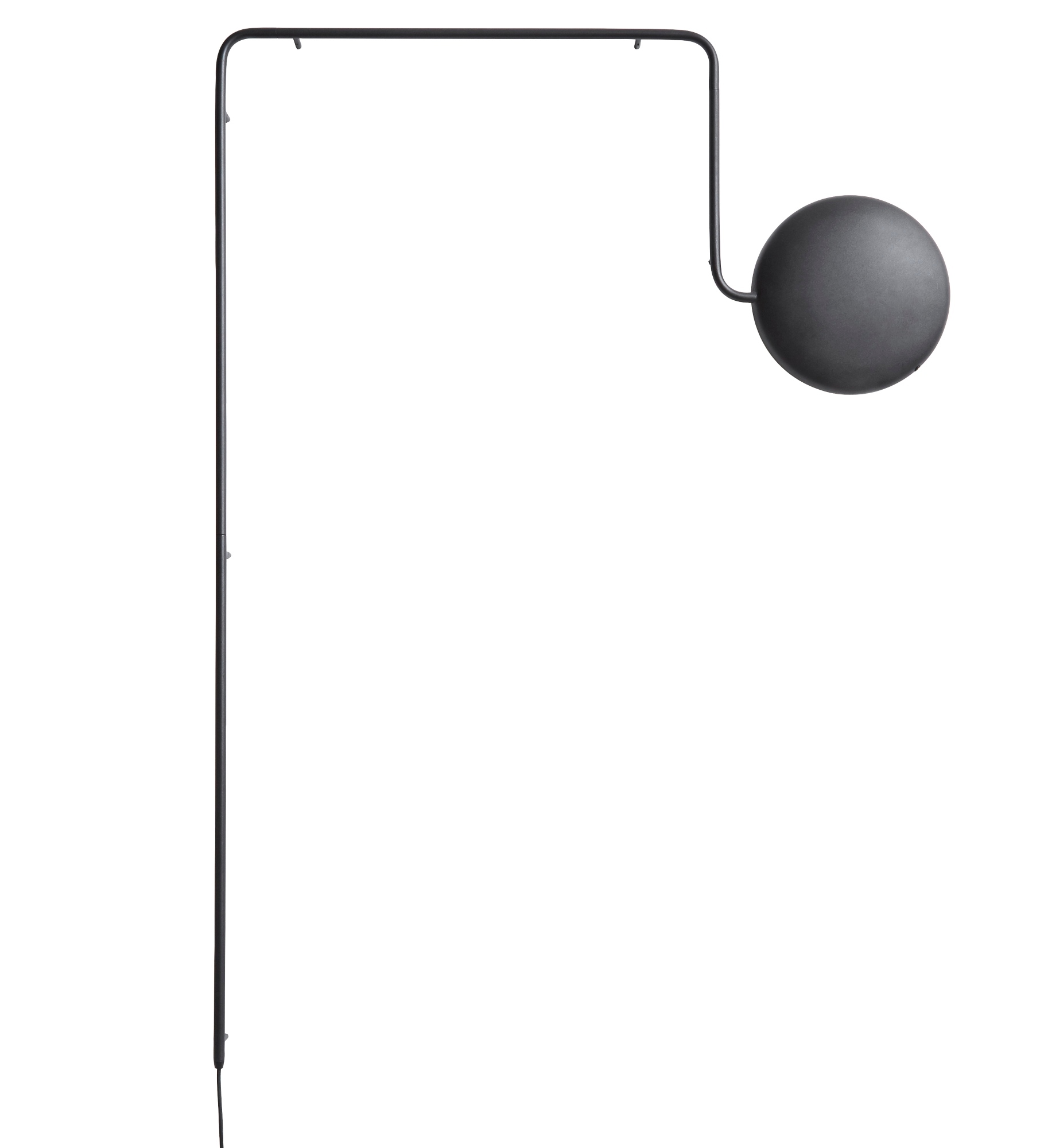 Schwarze Mercury Wandleuchte von Woud mit rundem Lampenschirm und filigranem Metallgestell.