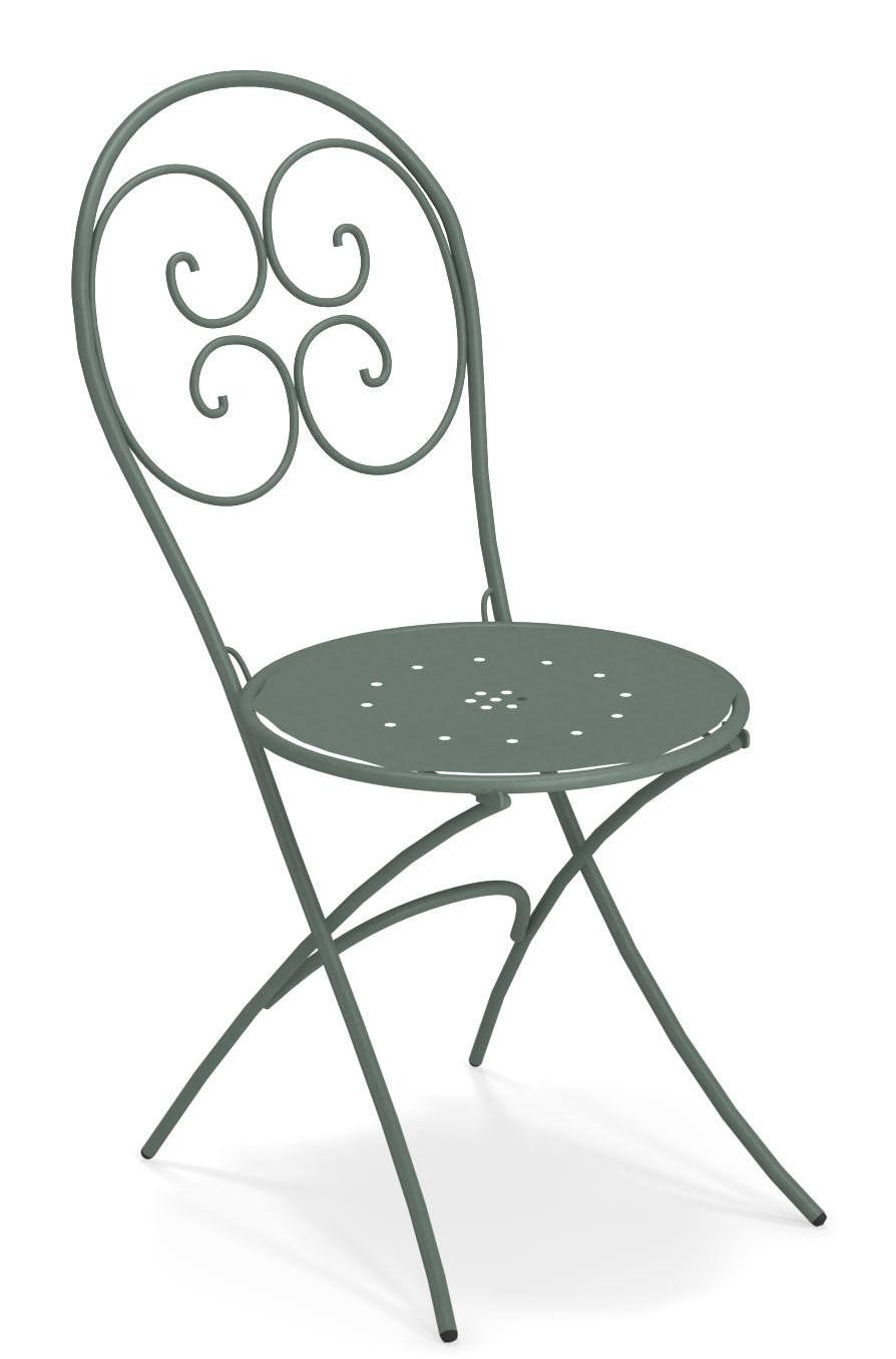 Pigalle Klappstuhl von Emu, grüner Gartenstuhl aus Metall mit filigranem Design für den Außenbereich.