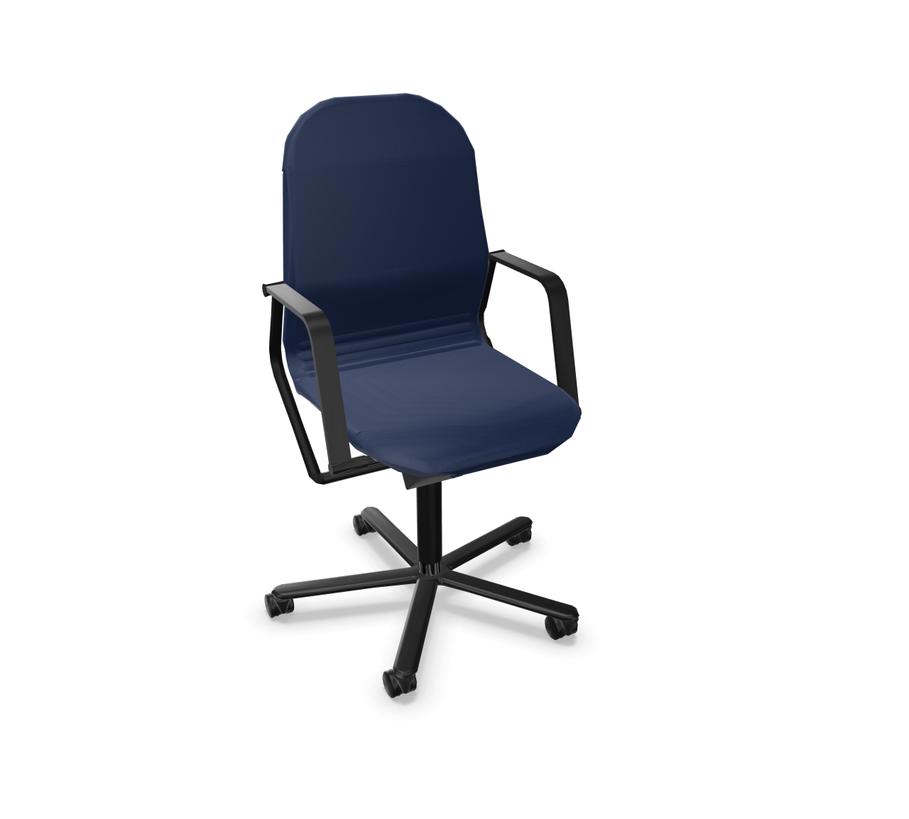 Blauer FS Drehstuhl von Wilkhahn mit hoher Rückenlehne und schwarzen Armlehnen. Bürostuhl für ergonomisches Sitzen.