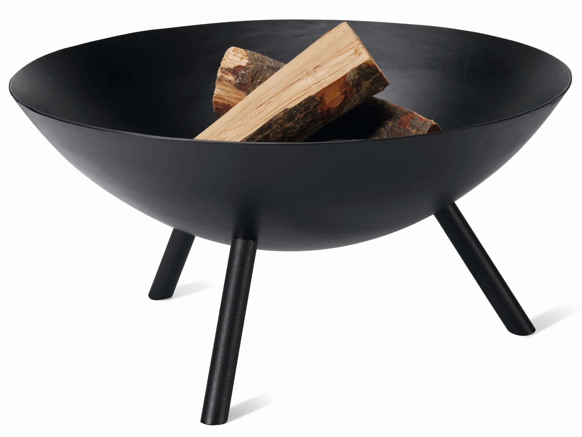 Schwarze Flames Feuerschale L von Philippi mit Holzscheiten, ideal zum Grillen und Feuermachen.