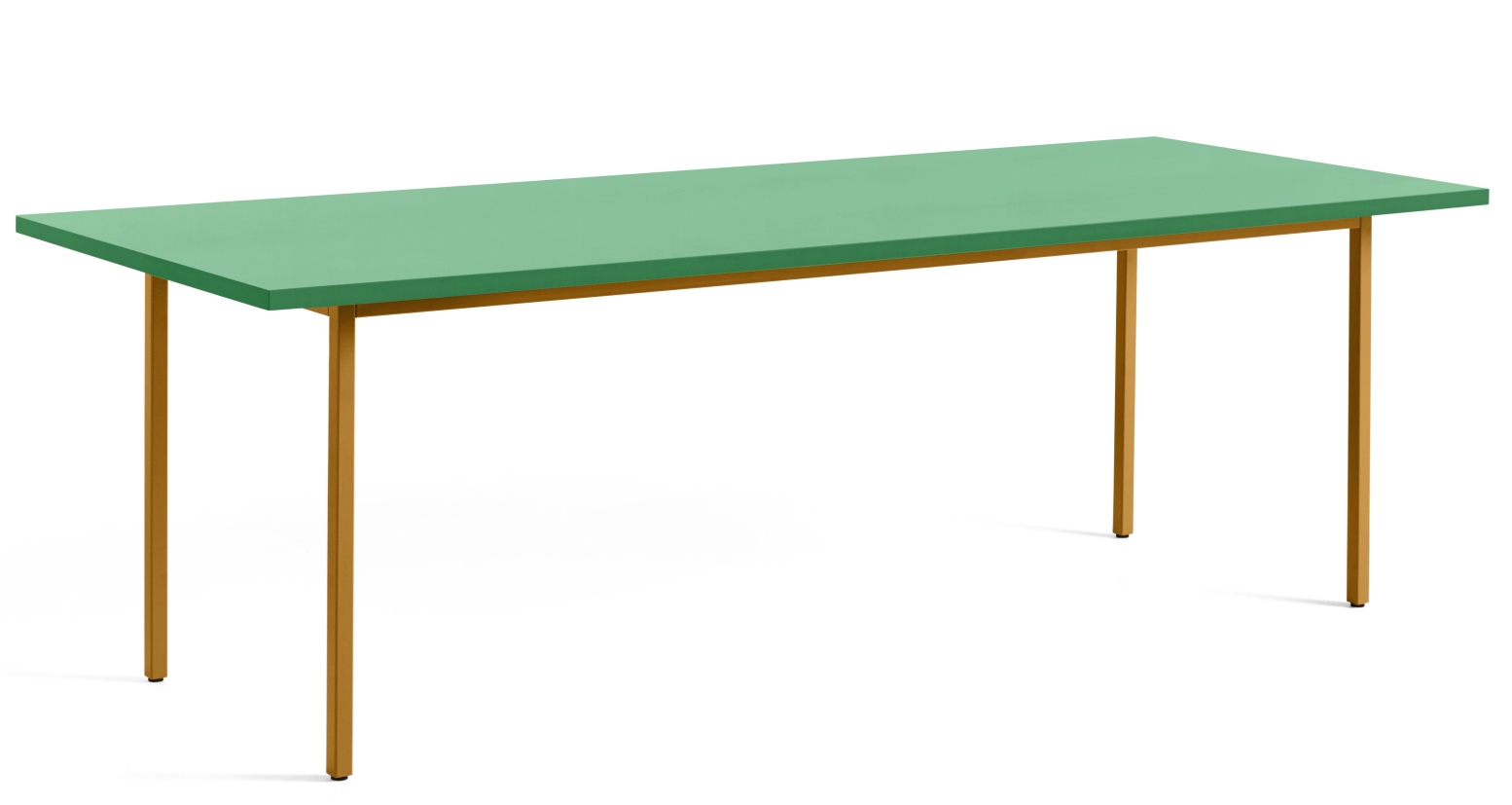 Hay Two Colour Table Esstisch 240 cm, mintgrüne Tischplatte mit ockerfarbenem Gestell, modernes Design.