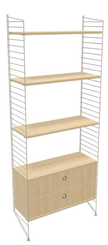 Flur KONFIGURATIONEN String Regal mit Holzregalen und Schubladenelement, ideal für Flur und Wohnraum.