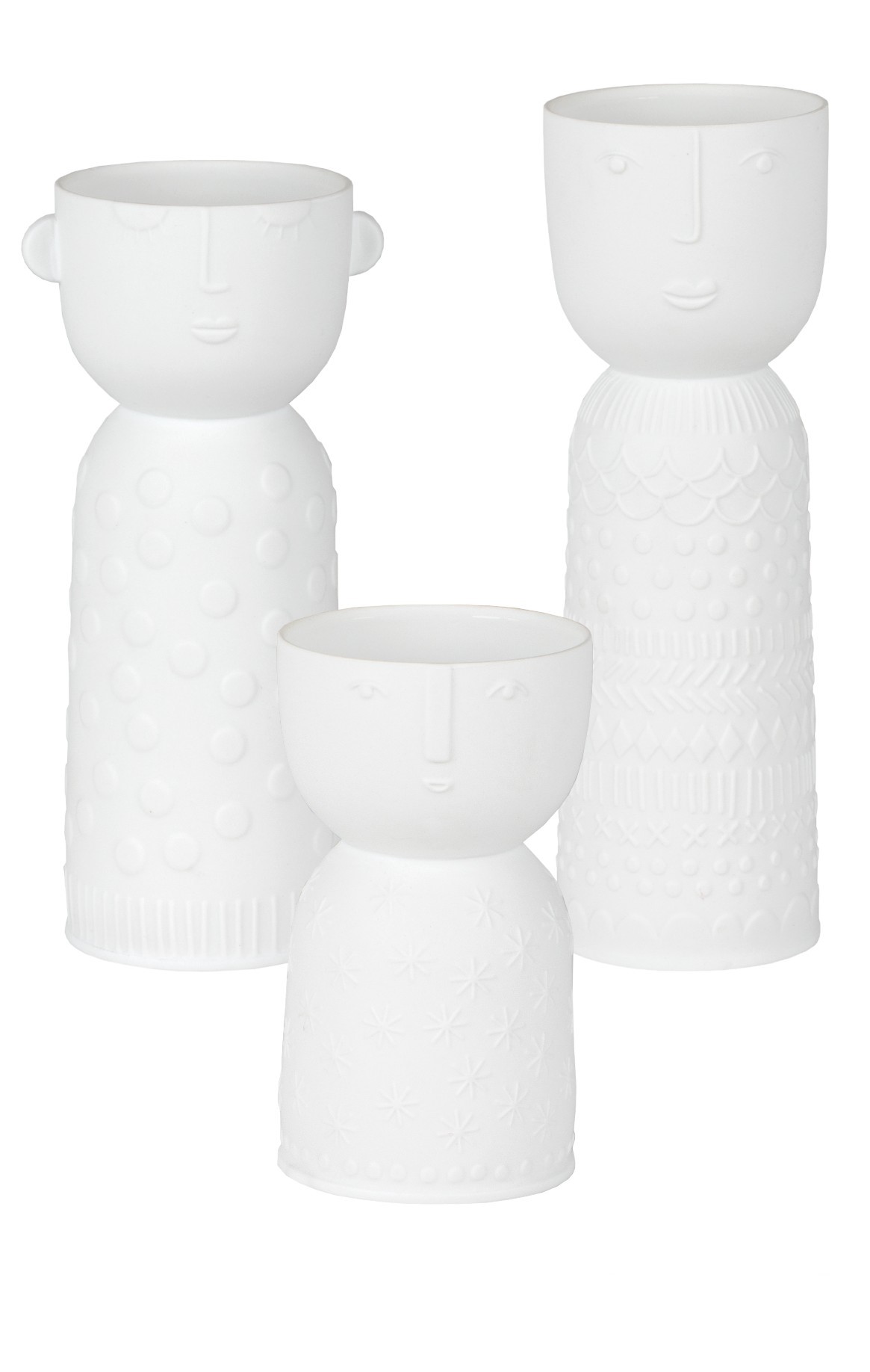 Naturgestalten Vasen 3er Set von Räder, weiße Deko Vasen mit Gesicht, modernes Design.