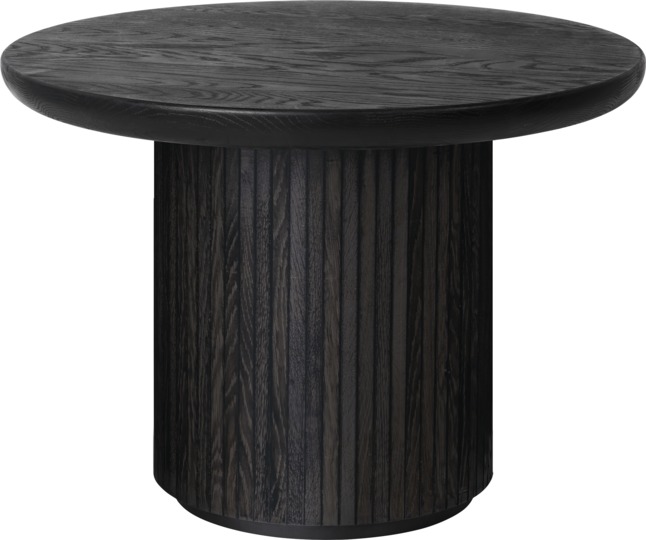 Schwarzer Moon Coffee Table Couchtisch mit runder Tischplatte und geriffeltem Sockel aus Holz.