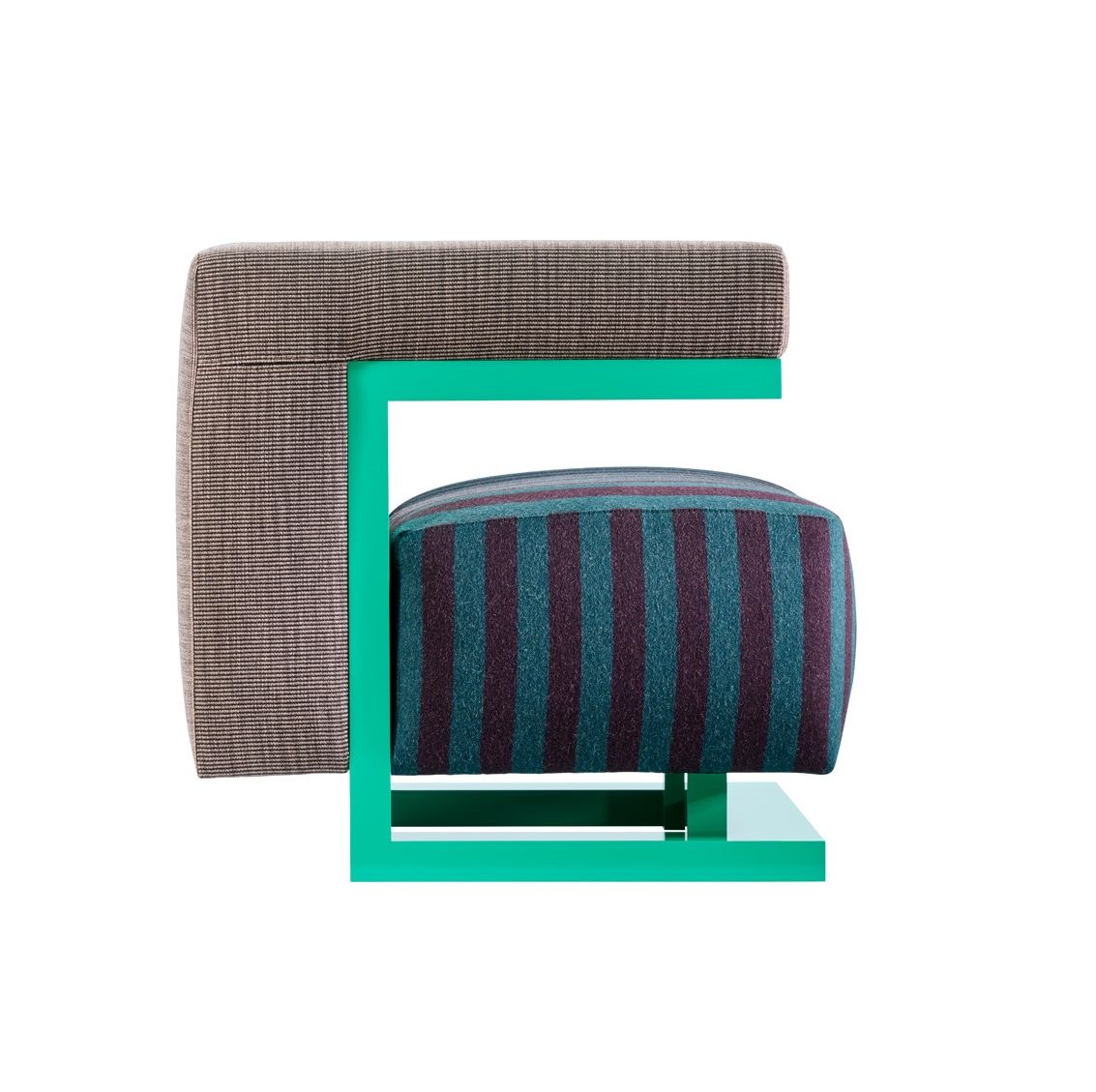 F51N Sessel Bauhaus Edition 2023 von Tecta, Ansicht von der Seite, mit grünem Gestell und gestreiftem Sitz.