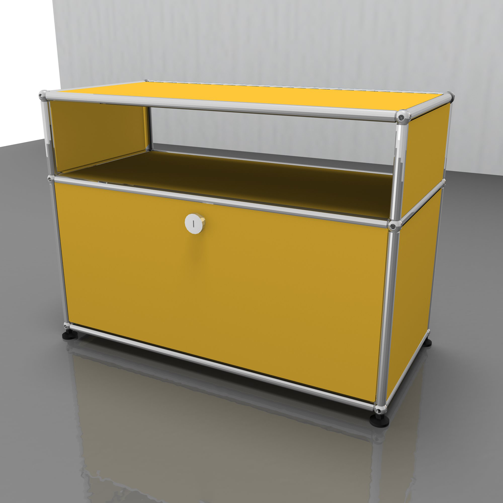 USM Haller Möbel: Goldgelbes Beistellmöbel mit Schublade und verchromtem Gestell für modernes Wohnen und Büro.