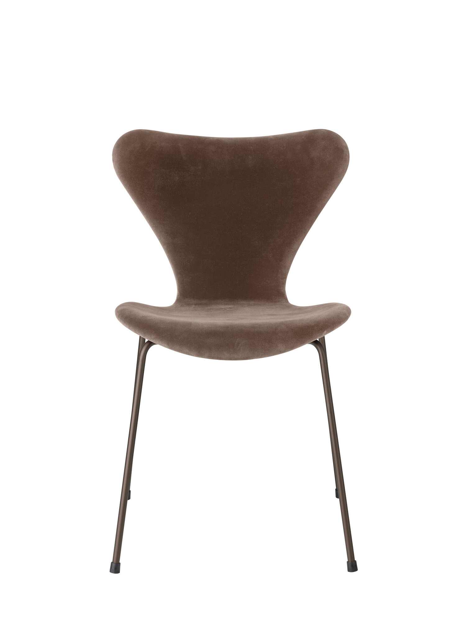 Series 7 Stuhl von Fritz Hansen, Belfast Modell, braun-grauer Samt, Vollpolster, Frontansicht.