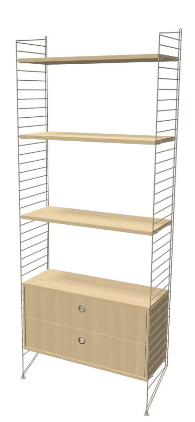 Flur KONFIGURATIONEN String Furniture Regal mit hellem Holz und zwei Schubladen.