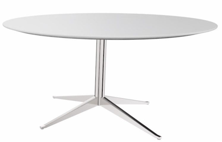 Weißer Florence Rundtisch von Knoll International mit verchromtem Fuß und runder Tischplatte.