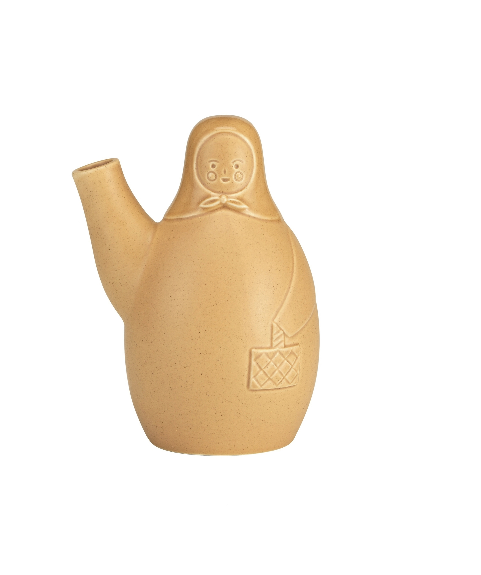 Beige Artek Osterhexe Vase, Keramik Einzelstück mit Henkel und Korb-Motiv, dekorative Blumenvase.