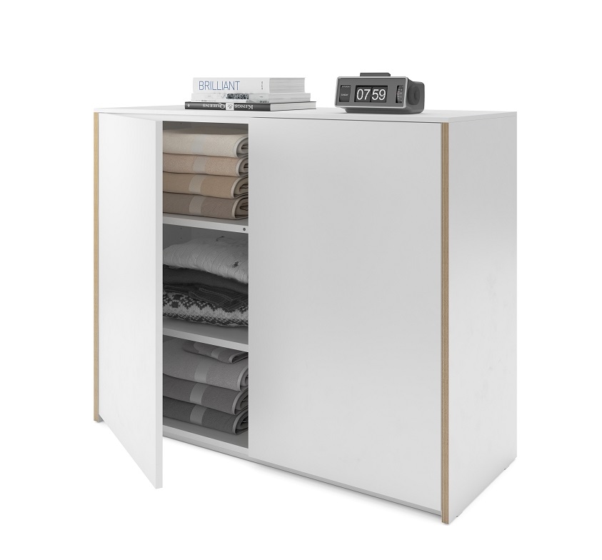 Weiße Modular Plus Kommode von Müller Möbelwerkstätten mit zwei Türen, teilweise geöffnet, mit Fächern.