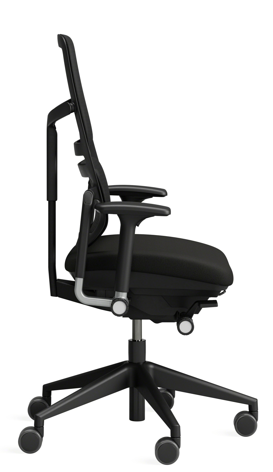 Schwarzer Please Air Bürostuhl von Steelcase mit Netzrücken, ergonomisch und verstellbar, Seitenansicht.