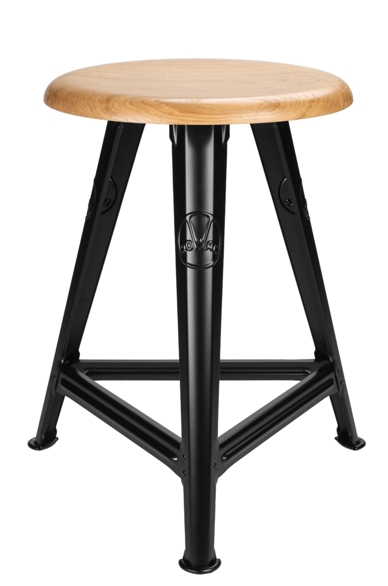 Bild eines Rowac Hockers, Modell I, 50 cm hoch, mit Holz-Sitzfläche und schwarzem Metallgestell.