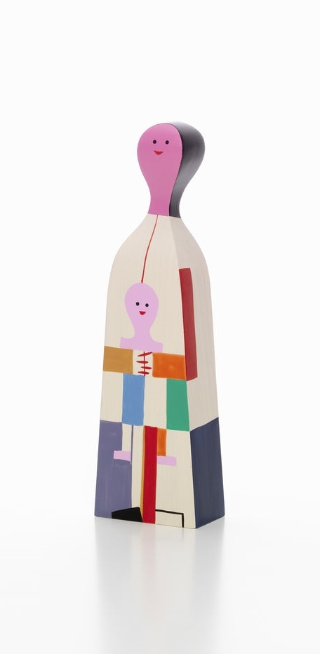 Holzfigur Vitra No 4: Abstrakte, bunte Holzpuppe, modernes Designobjekt für Wohnaccessoires und Sammler, Kunstobjekt.