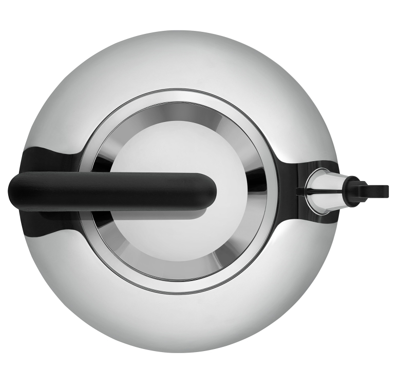 Draufsicht: Alessi Irony Bulbul Wasserkessel, Edelstahl, schwarzer Griff, Design-Wasserkocher für die Küche.