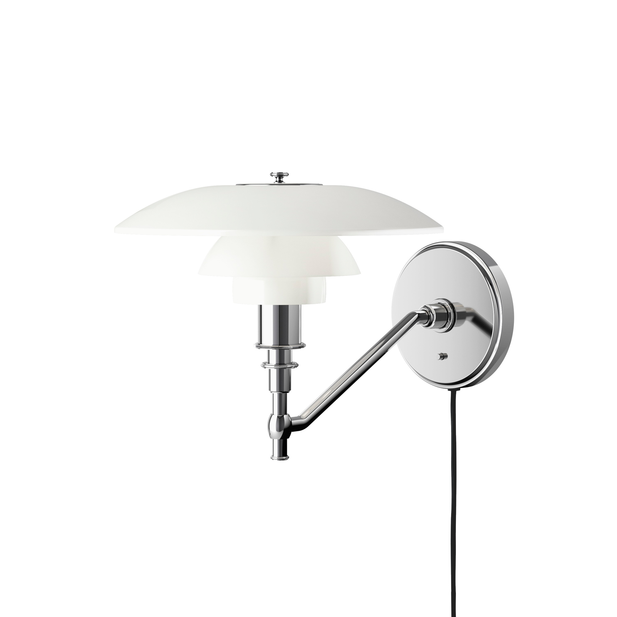 PH 3/2 Wandleuchte von Louis Poulsen: Klassische Design-Wandlampe mit dreischirmigem, weißem Glas und Chromgestell.