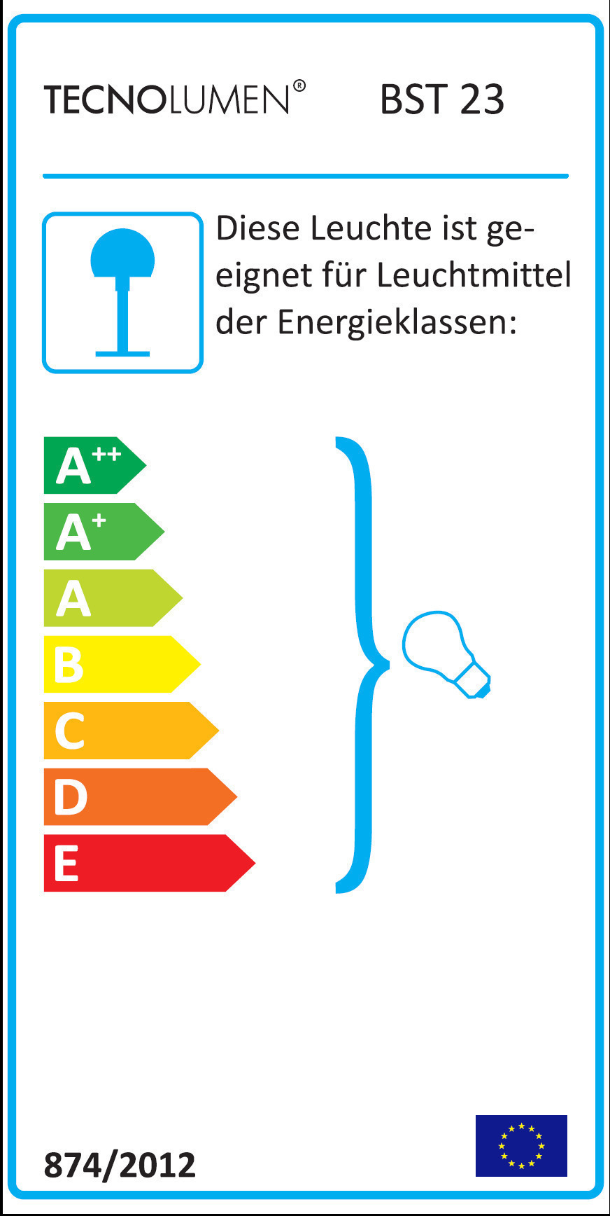 Energieeffizienzlabel der Tecnolumen BST 23 Stehleuchte mit den Energieklassen A++ bis E.