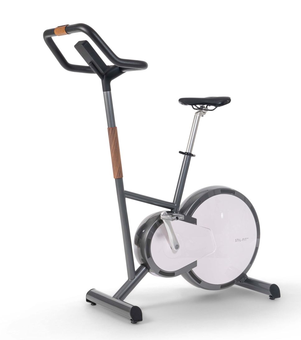 Ergometer PURE Stil-Fit in Walnuss-Weiß: Elegantes Fitnessgerät für das Training zu Hause. Heimtrainer für Indoor Cycling.