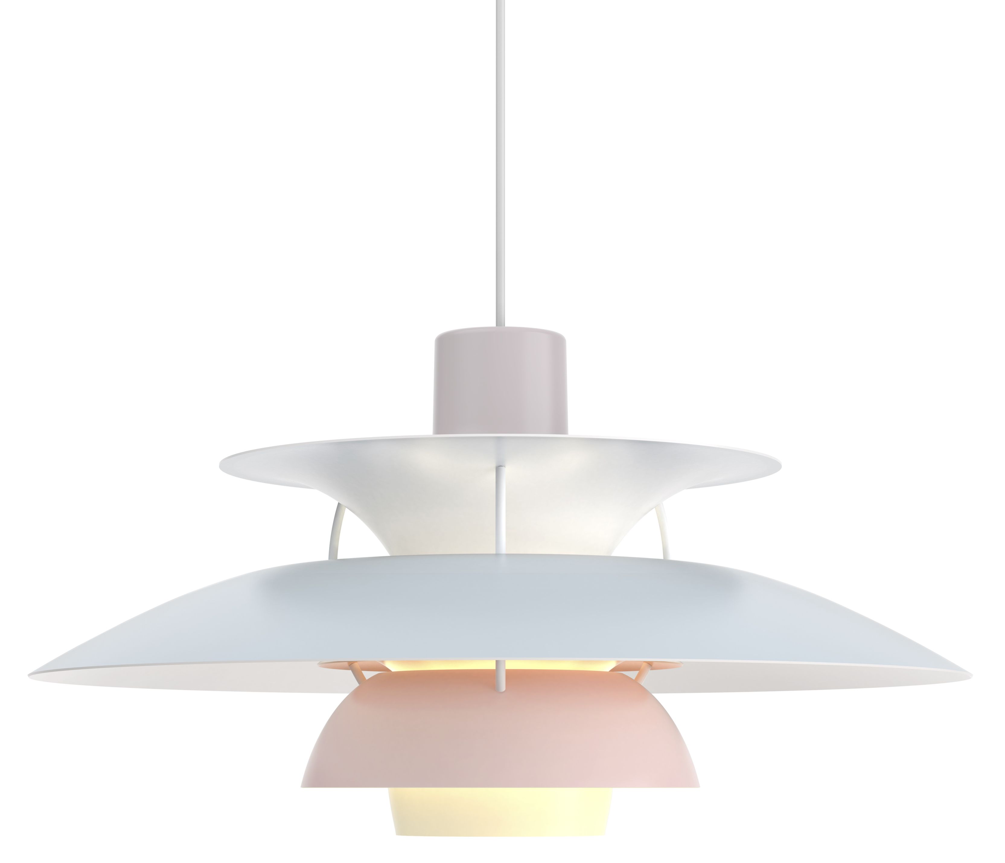 PH 5 Pendelleuchte in Pastellfarben: Austerngrau, Blau und Rosa. Design-Hängeleuchte für stilvolle Innenraumbeleuchtung.