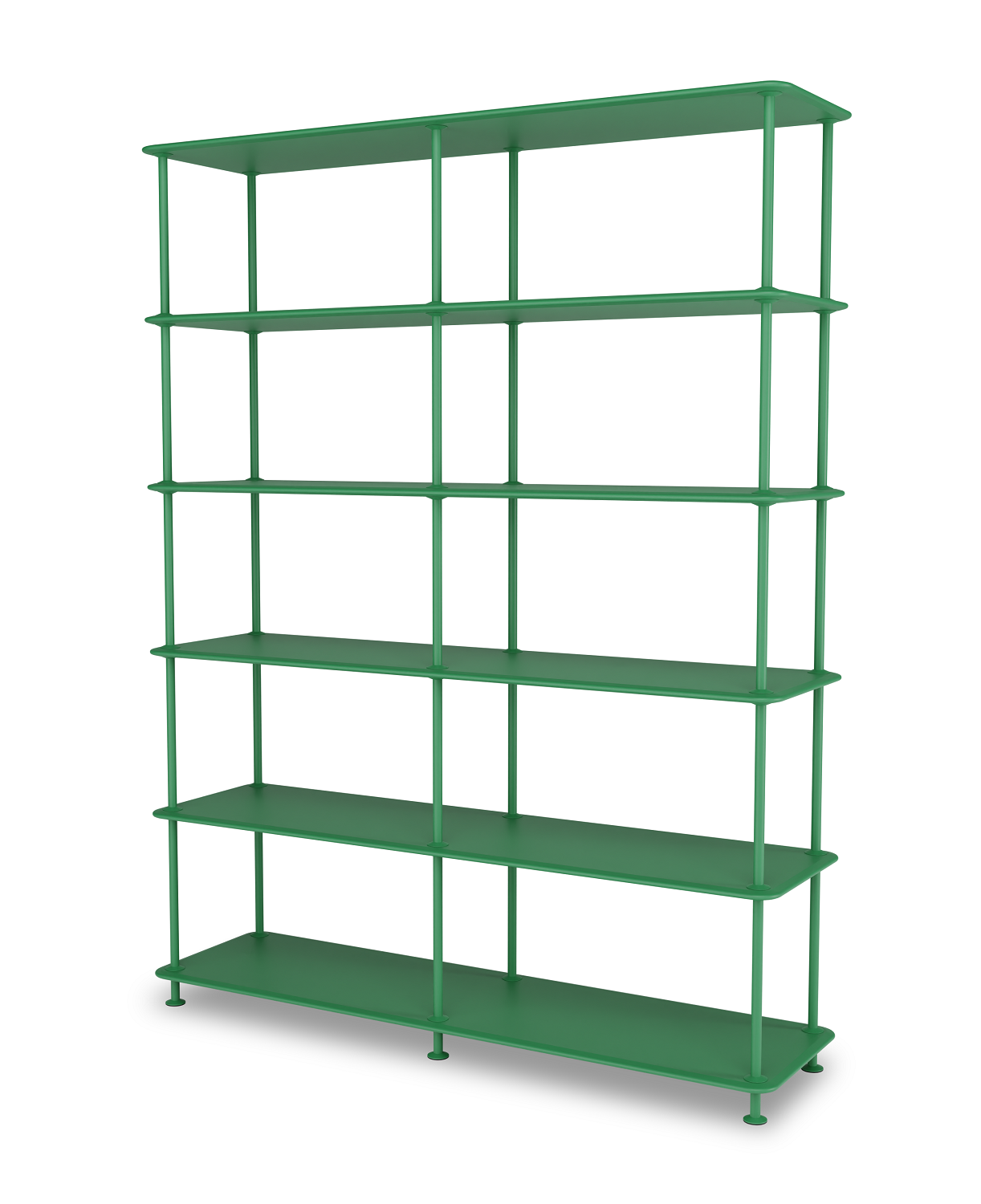 Grünes Montana Free Regal mit fünf Böden, modernes Design für Wohnzimmer und Büro.