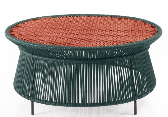 Caribe Chic Beistelltisch für Outdoor-Bereich in Moosgrün mit kupferfarbener Tischplatte. Gartentisch für Terrasse.