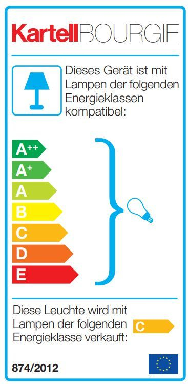 Energieeffizienzlabel für Kartell Bourgie Tischleuchte: Kompatible Lampen-Energieklassen von A++ bis E. Verkauf mit Lampe C.