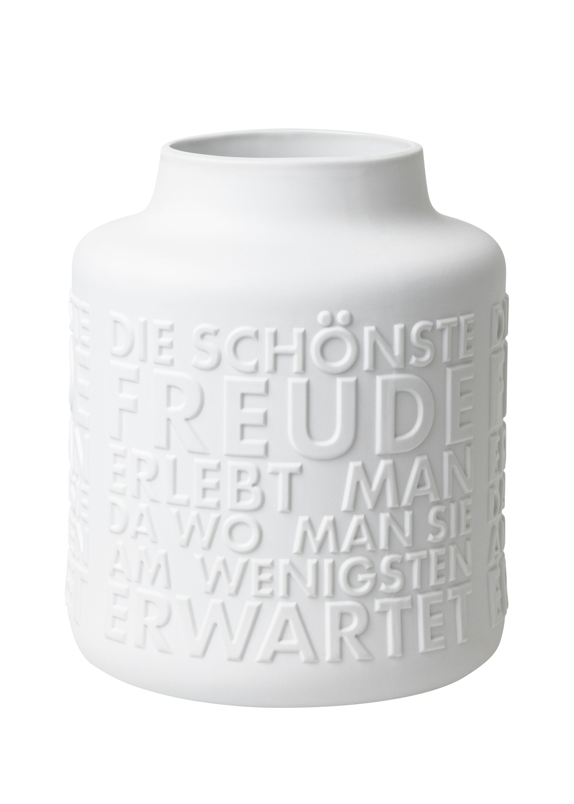 Weiße Räder Vase "Freude" aus Keramik mit erhabenem Schriftzug, moderne Blumenvase für Wohnaccessoires.