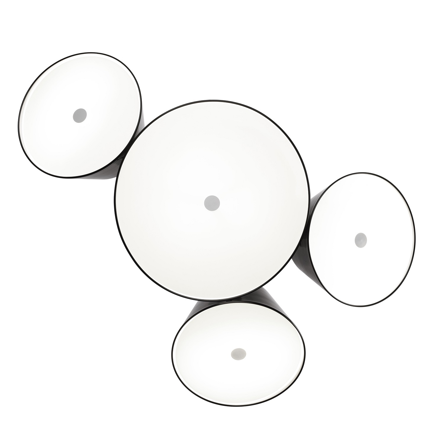 Ansicht von oben der Tam Tam 3 LED Pendelleuchte von Marset mit vier runden Lampenschirmen.