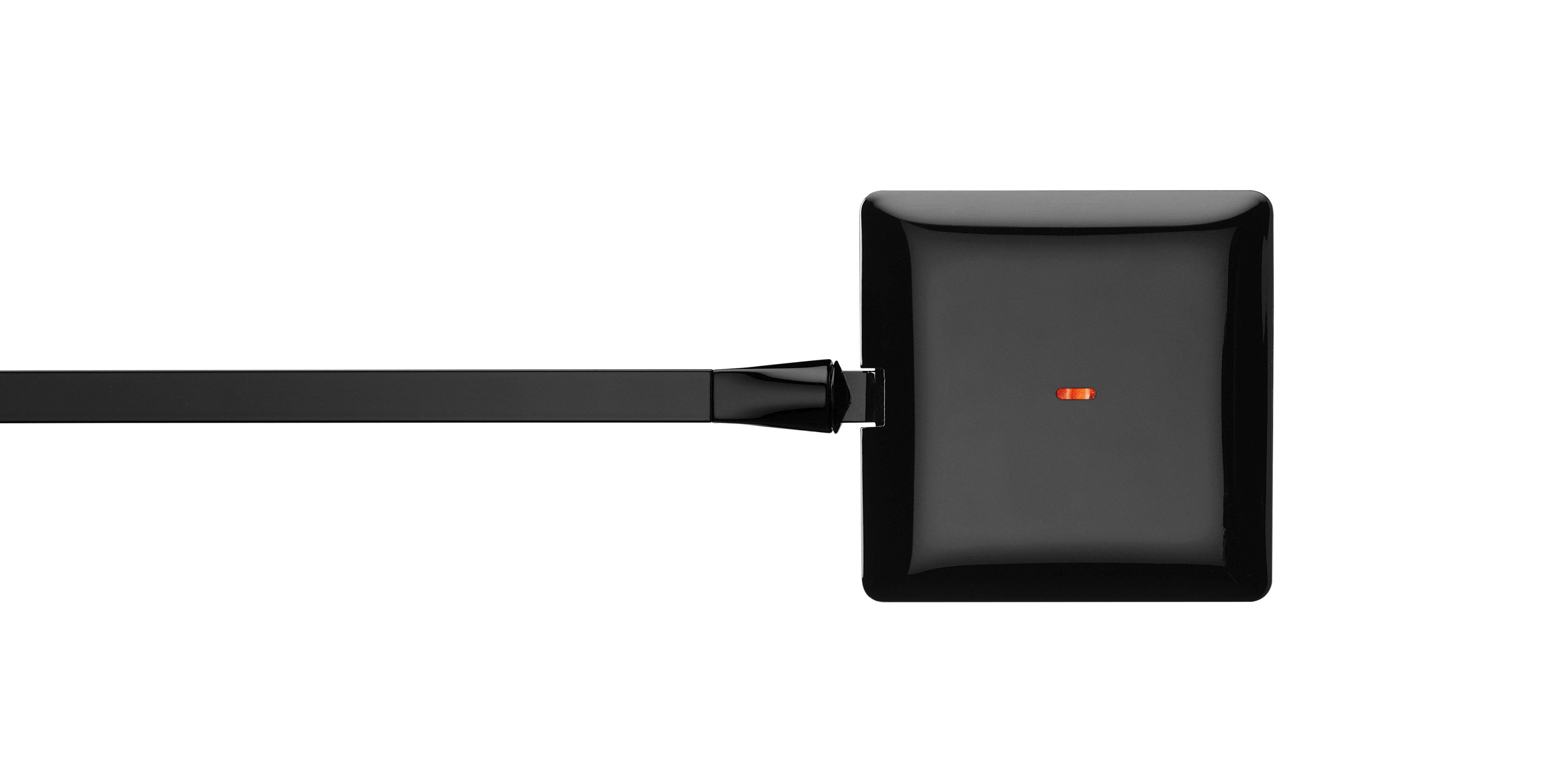 Schwarze Kelvin Edge Tischleuchte von Flos, Detailansicht des Fußes mit Kontrollleuchte. Design Büroleuchte.