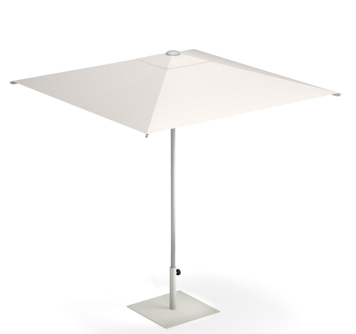 Weißer Shade Sonnenschirm von Emu für den Outdoor-Bereich mit quadratischem Schirm und Ständer.