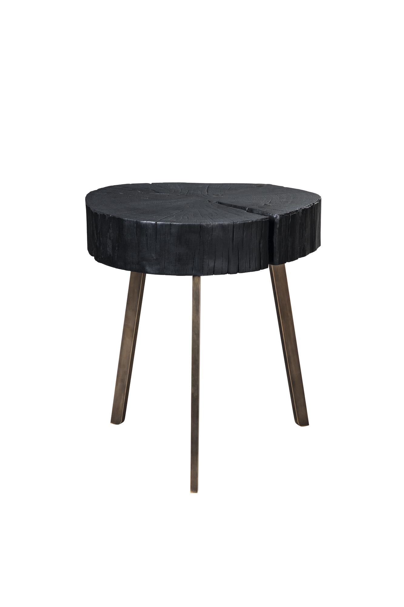 Schwarzer Stomp Beistelltisch von Janua mit Baumscheiben-Tischplatte und drei Metallbeinen.