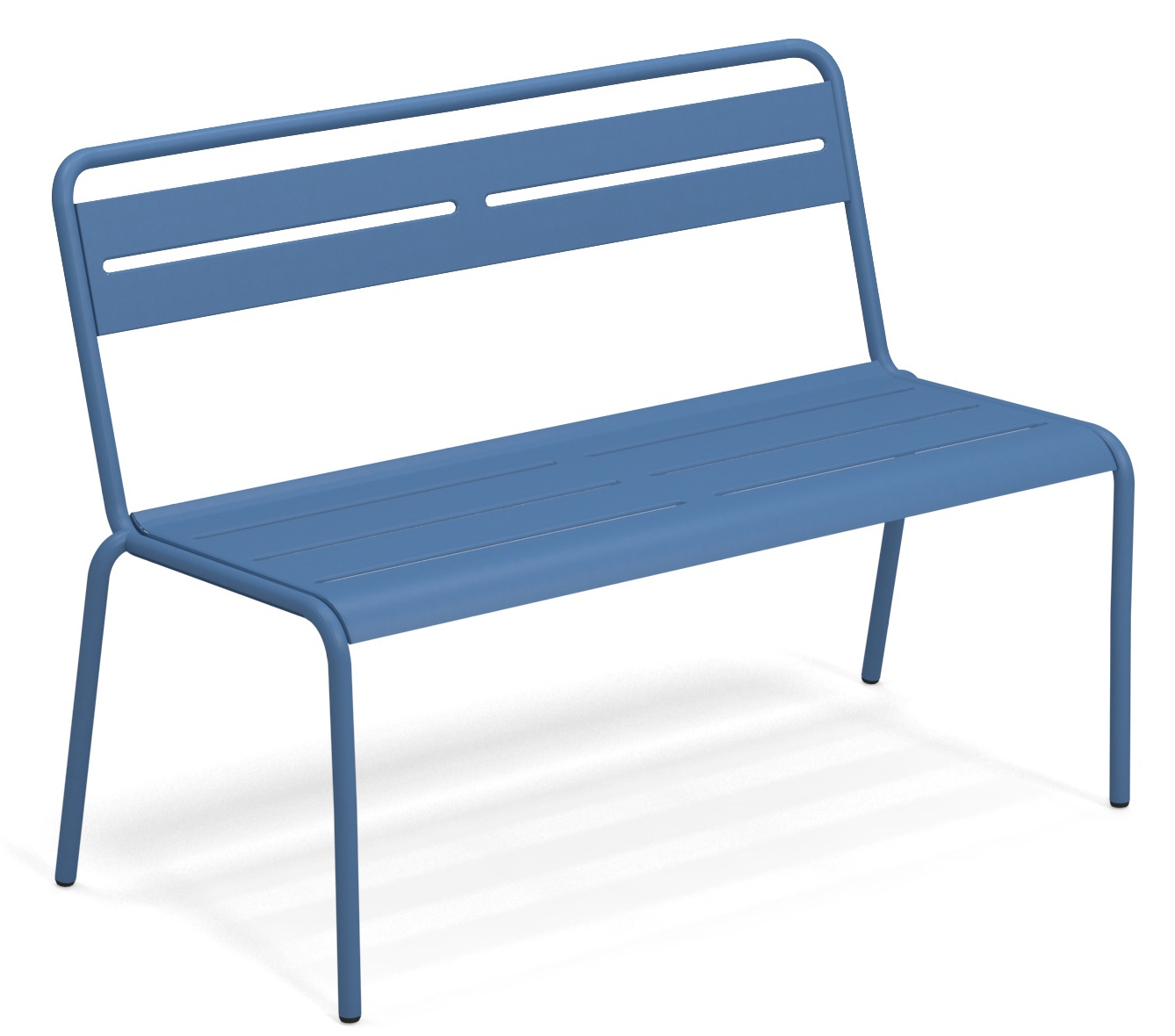 Blaue Emu Star Bank für den Außenbereich, Gartenbank aus Metall mit Rückenlehne.