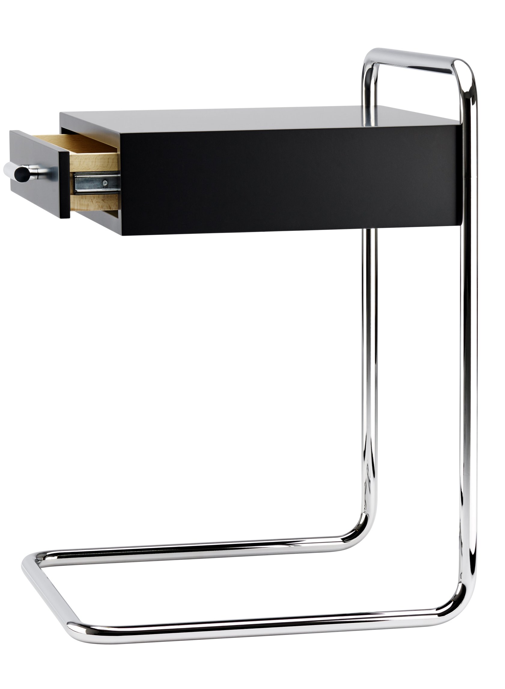 Thonet B 117 Beistelltisch mit Schublade, schwarzer Nachttisch mit Chromgestell, offene Schublade.