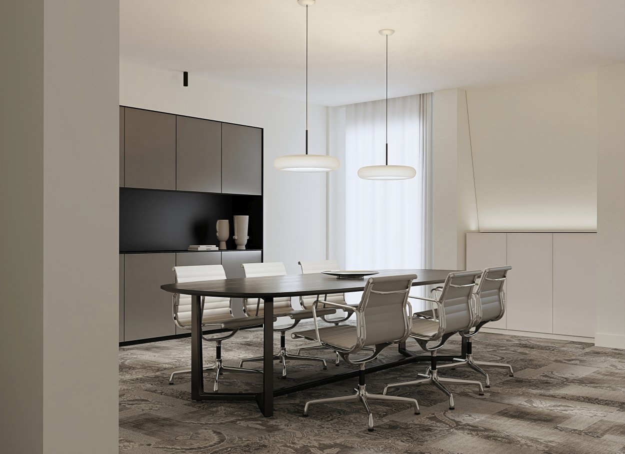 Zwei Belux Oto Pendelleuchten über einem Esstisch in einem modernen Esszimmer. Runde Designleuchten.