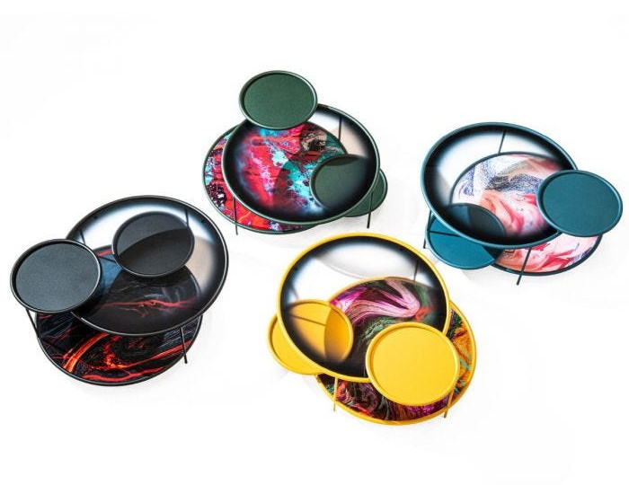 Ansicht von oben: Mehrfarbige Sangaku Couchtische von Driade mit runden Formen und modernem Design.