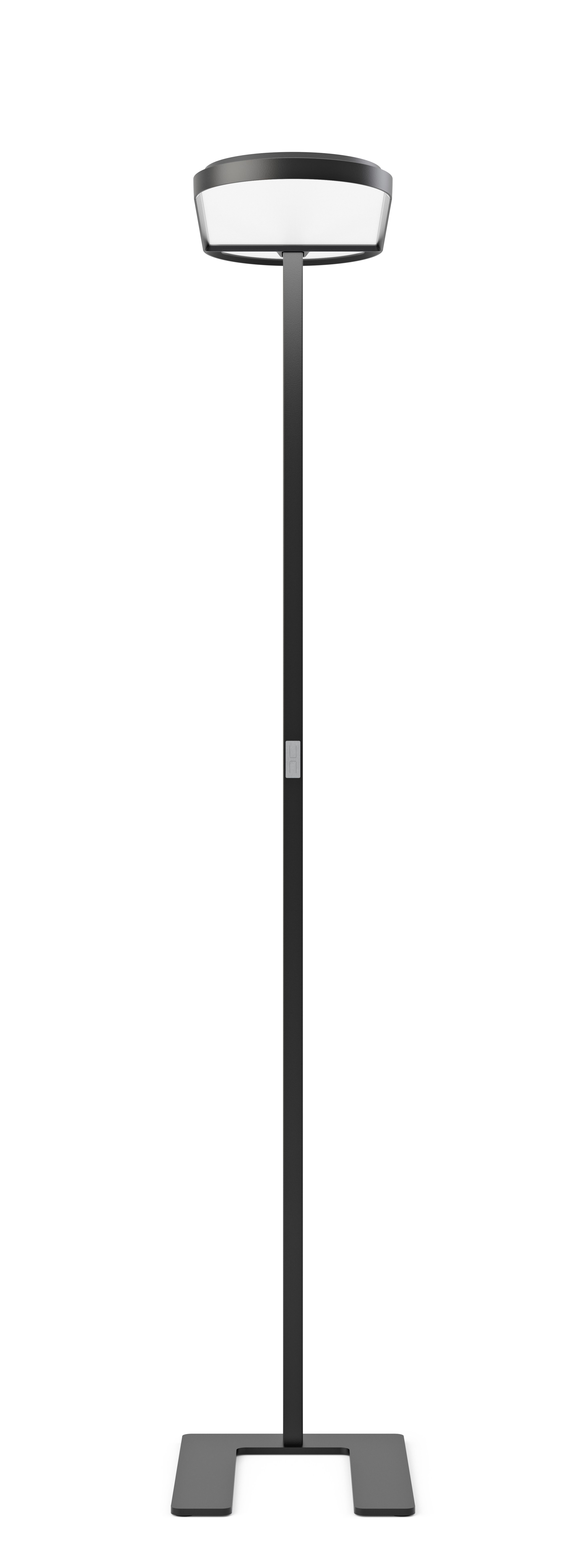 Schwarze Kido Stehleuchte von Belux mit U-Fuß und hellem, runden Leuchtkörper. Moderne Stehlampe für Büro und Wohnraum.