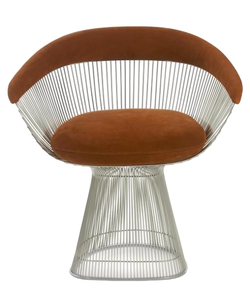 Platner Sessel mit braunem Polster, Design-Klassiker von Knoll International, moderner Loungesessel aus Stahl.