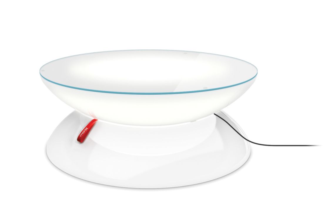 Weißer Moree Lounge Tisch für den Außenbereich, beleuchtet, modernes Design für Garten und Terrasse.